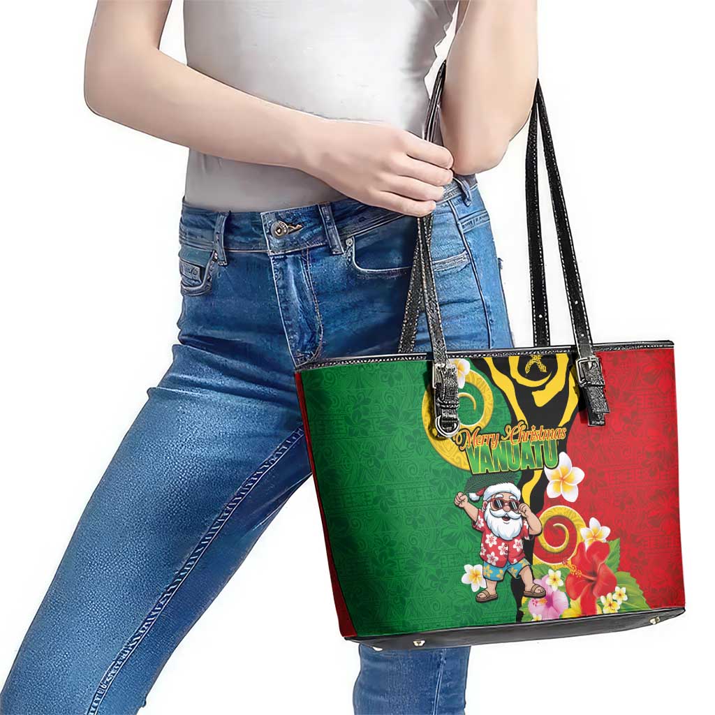 Vanuatu Christmas Leather Tote Bag Funny Santa with Namele and Boar Tusk Tribal - Polynesian Pride