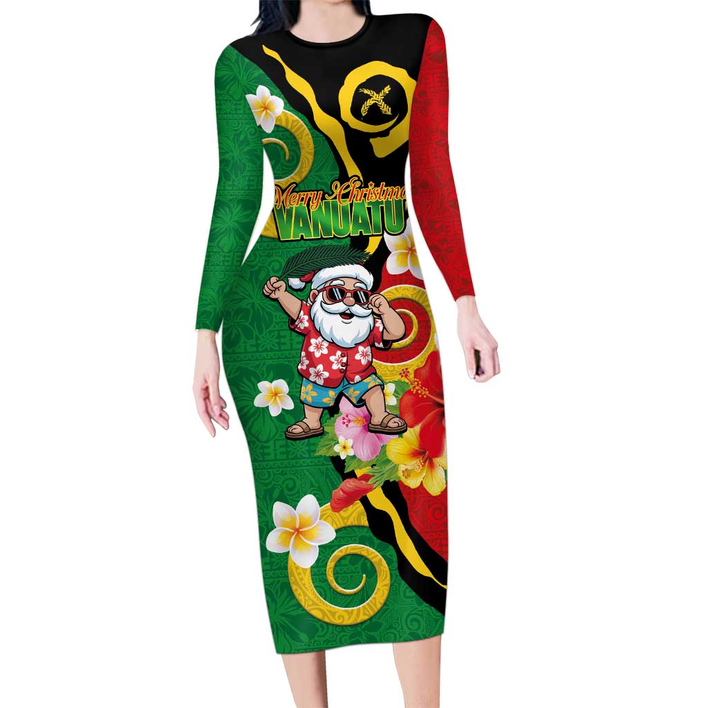 Vanuatu Christmas Long Sleeve Bodycon Dress Funny Santa with Namele and Boar Tusk Tribal - Polynesian Pride