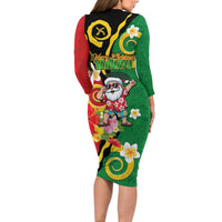 Vanuatu Christmas Long Sleeve Bodycon Dress Funny Santa with Namele and Boar Tusk Tribal - Polynesian Pride