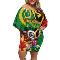 Vanuatu Christmas Off Shoulder Short Dress Funny Santa with Namele and Boar Tusk Tribal - Polynesian Pride