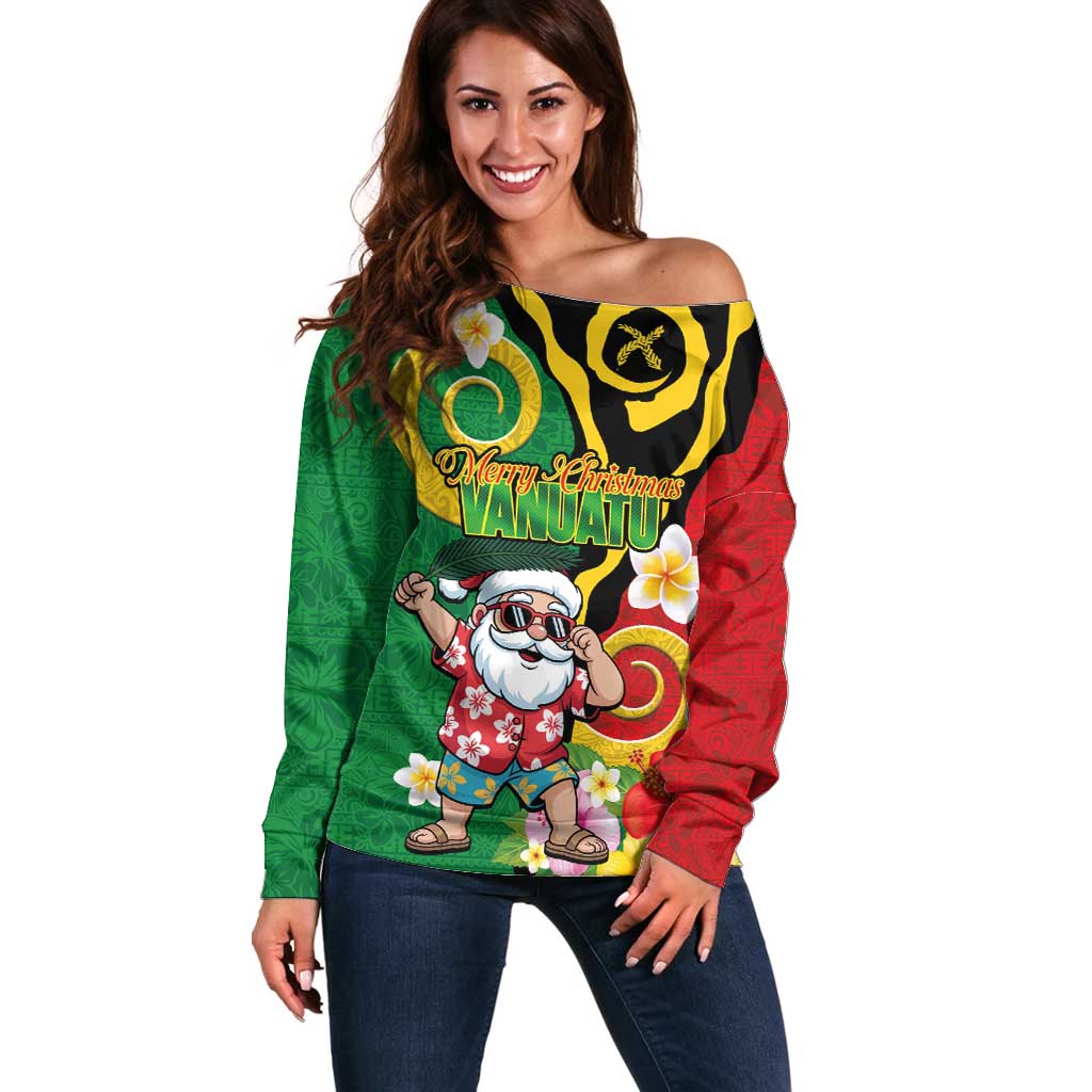 Vanuatu Christmas Off Shoulder Sweater Funny Santa with Namele and Boar Tusk Tribal - Polynesian Pride
