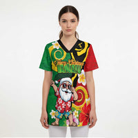 Vanuatu Christmas Scrub Top Funny Santa with Namele and Boar Tusk Tribal - Polynesian Pride