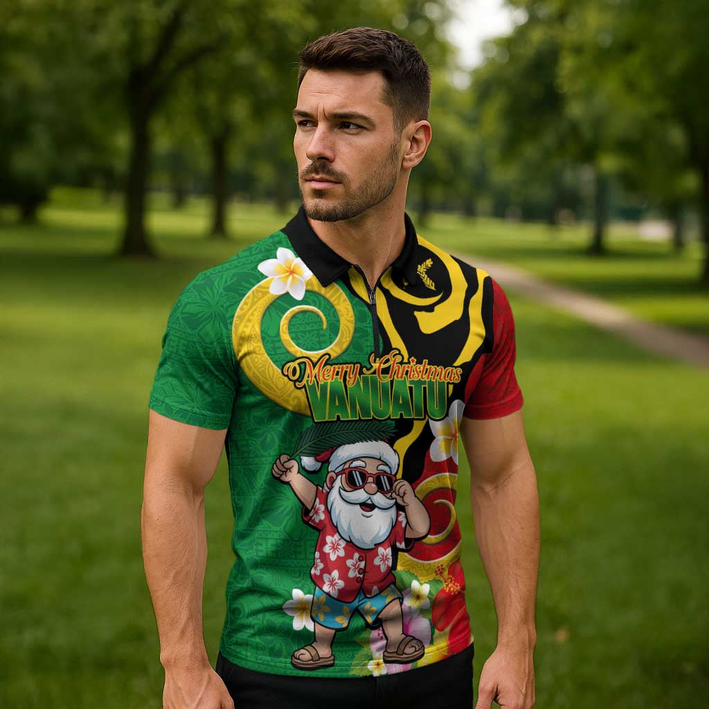 Vanuatu Christmas Zipper Polo Shirt Funny Santa with Namele and Boar Tusk Tribal - Polynesian Pride