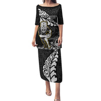 Custom New Zealand Rugby Family Matching Puletasi Dress and Hawaiian Shirt Maori Warrior Rugby Silver Fern Tribal Pattern LT03 Mom's Dress Black - Polynesian Pride
