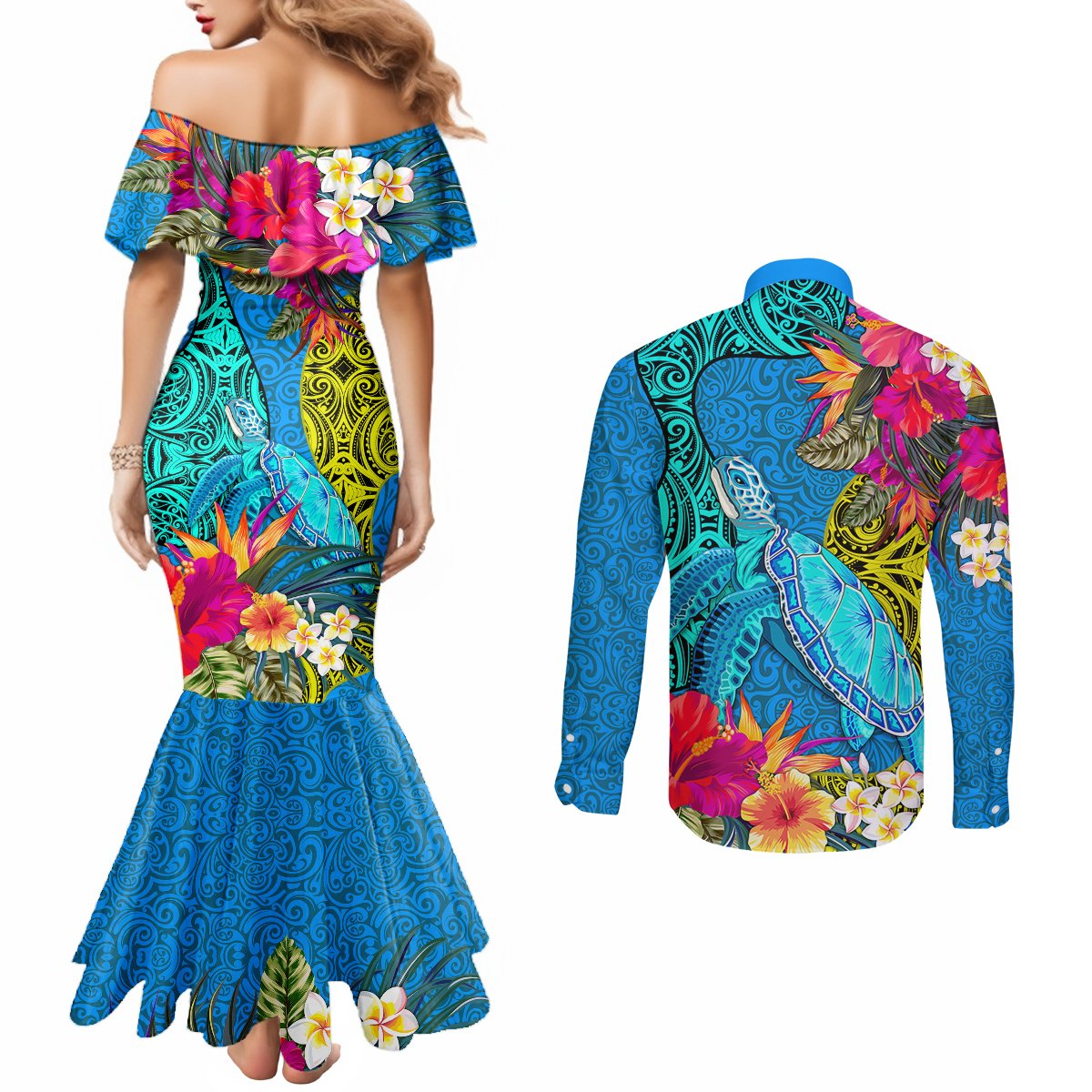 polynesian-couples-matching-mermaid-dress-and-long-sleeve-button-shirts-the-turtle-jung-flower-with-maori-pattern-ethnic-style