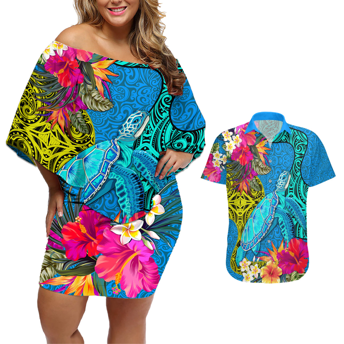 polynesian-couples-matching-off-shoulder-short-dress-and-hawaiian-shirt-the-turtle-jung-flower-with-maori-pattern-ethnic-style