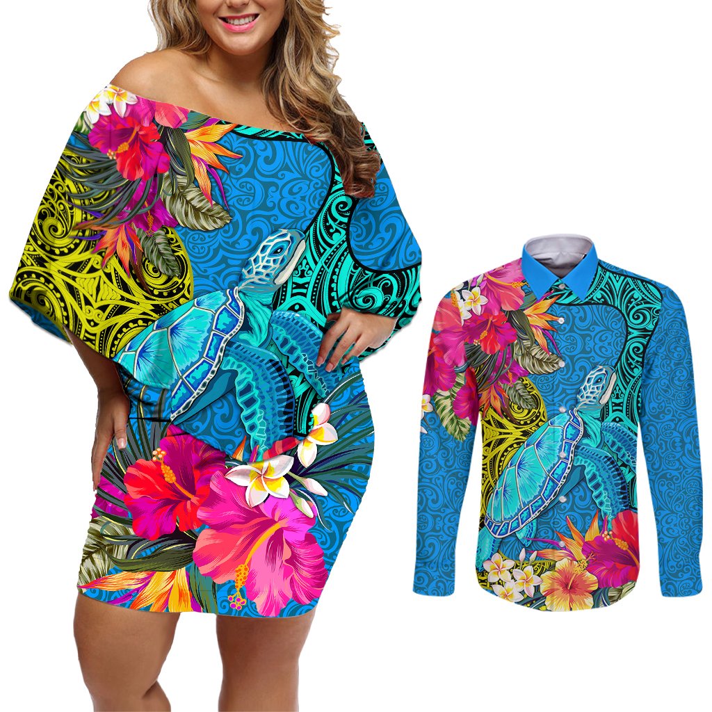 polynesian-couples-matching-off-shoulder-short-dress-and-long-sleeve-button-shirts-the-turtle-jung-flower-with-maori-pattern-ethnic-style