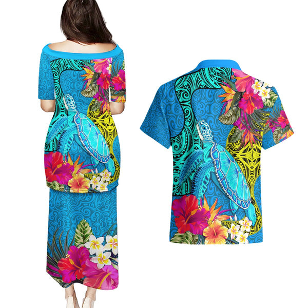 FSM Chuuk States Couples Matching Puletasi Dress and Hawaiian Shirt Micronesia Vintage Polynesian Tribal Black Version LT9 main image 0