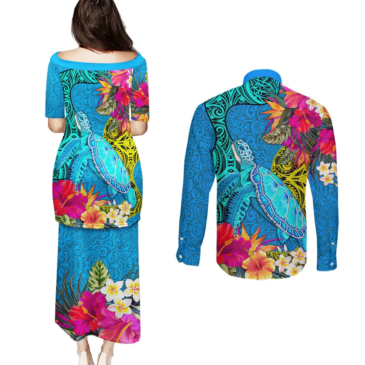 polynesian-couples-matching-puletasi-dress-and-long-sleeve-button-shirts-the-turtle-jung-flower-with-maori-pattern-ethnic-style