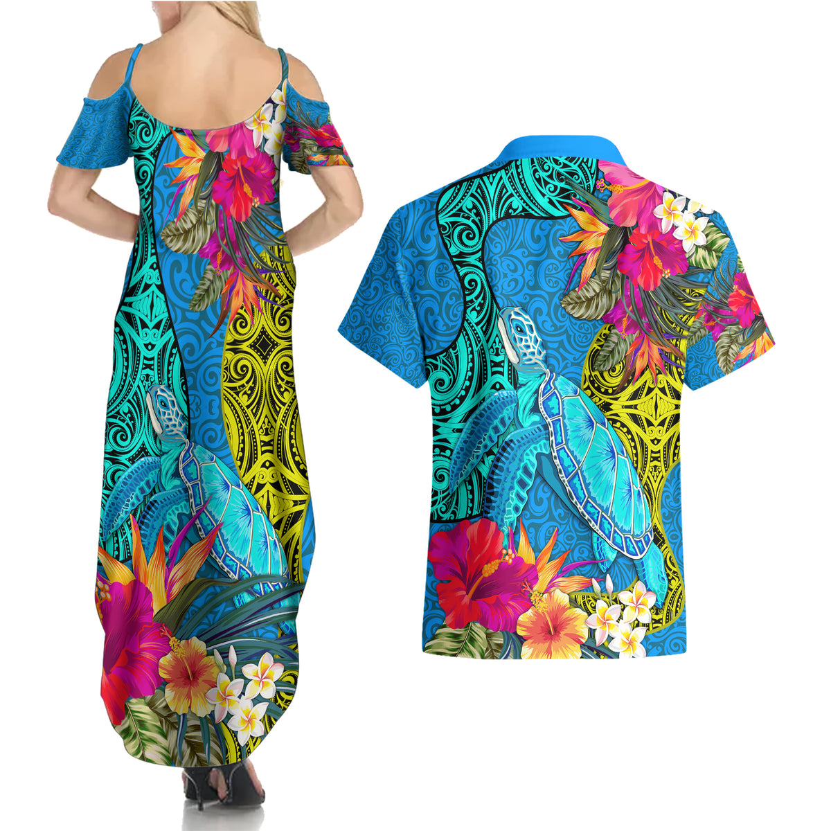 polynesian-couples-matching-summer-maxi-dress-and-hawaiian-shirt-the-turtle-jung-flower-with-maori-pattern-ethnic-style