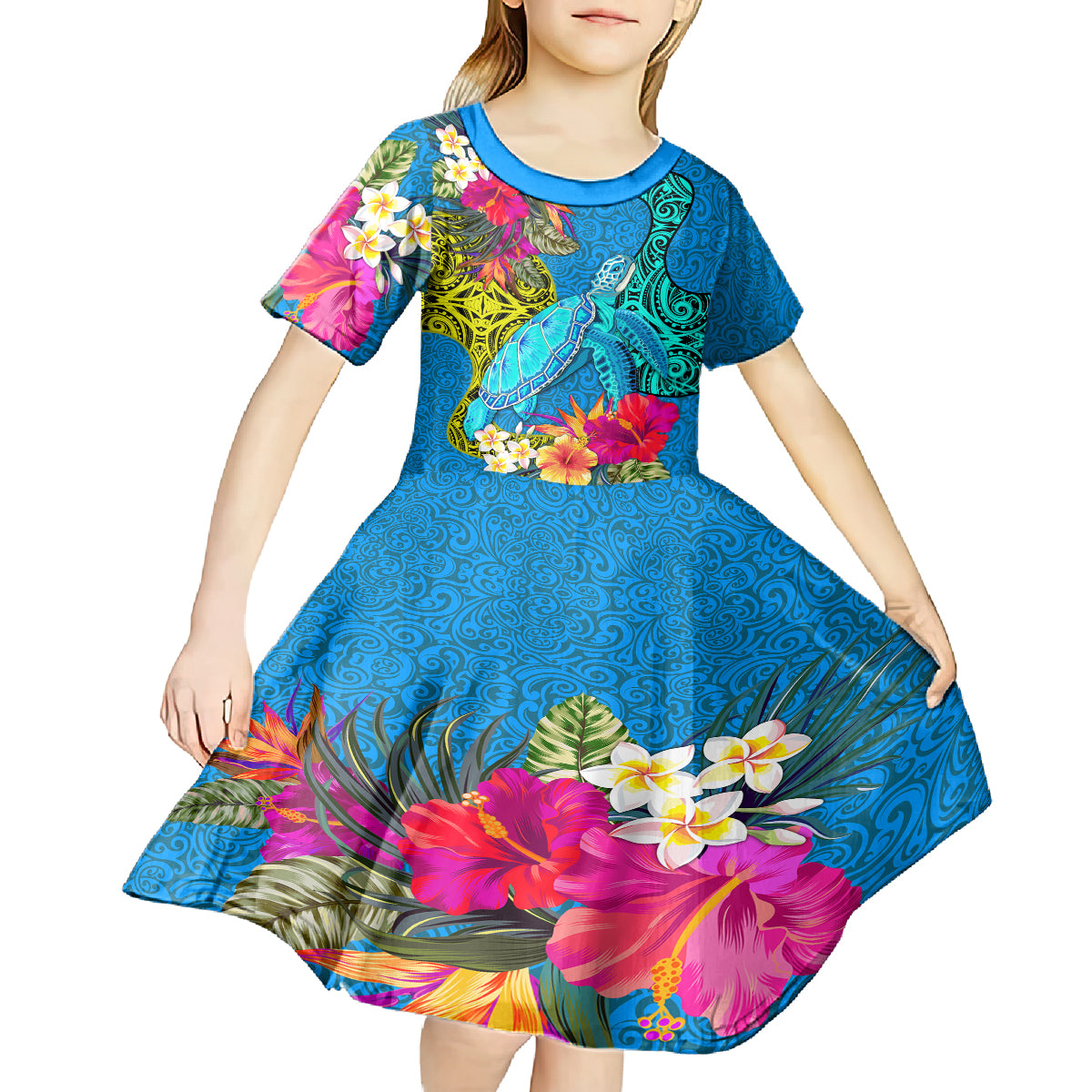 polynesian-kid-short-sleeve-dress-the-turtle-jung-flower-with-maori-pattern-ethnic-style