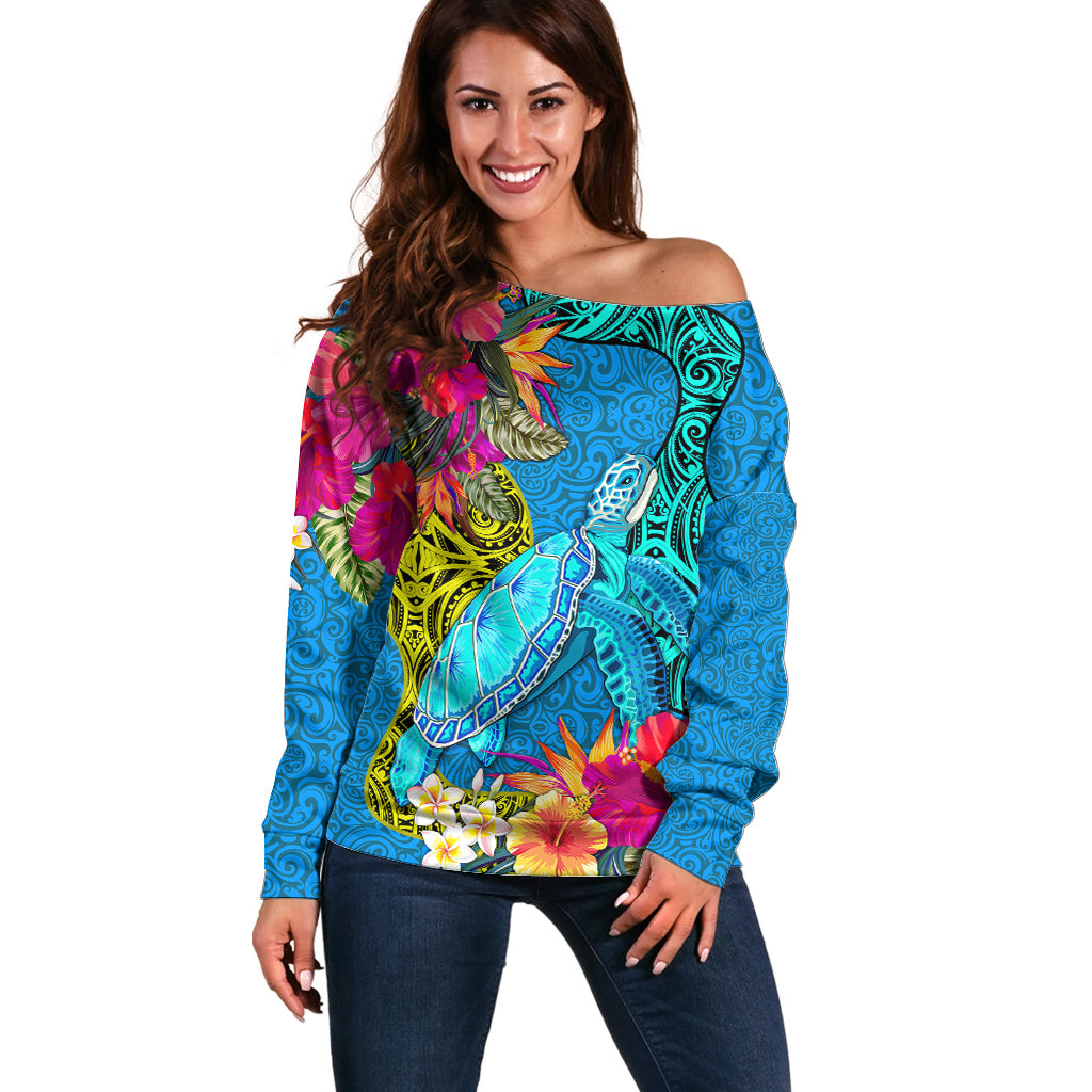 Polynesian Off Shoulder Sweater The Turtle Jung Flower with Maori Pattern Ethnic Style LT03 Women Blue - Polynesian Pride