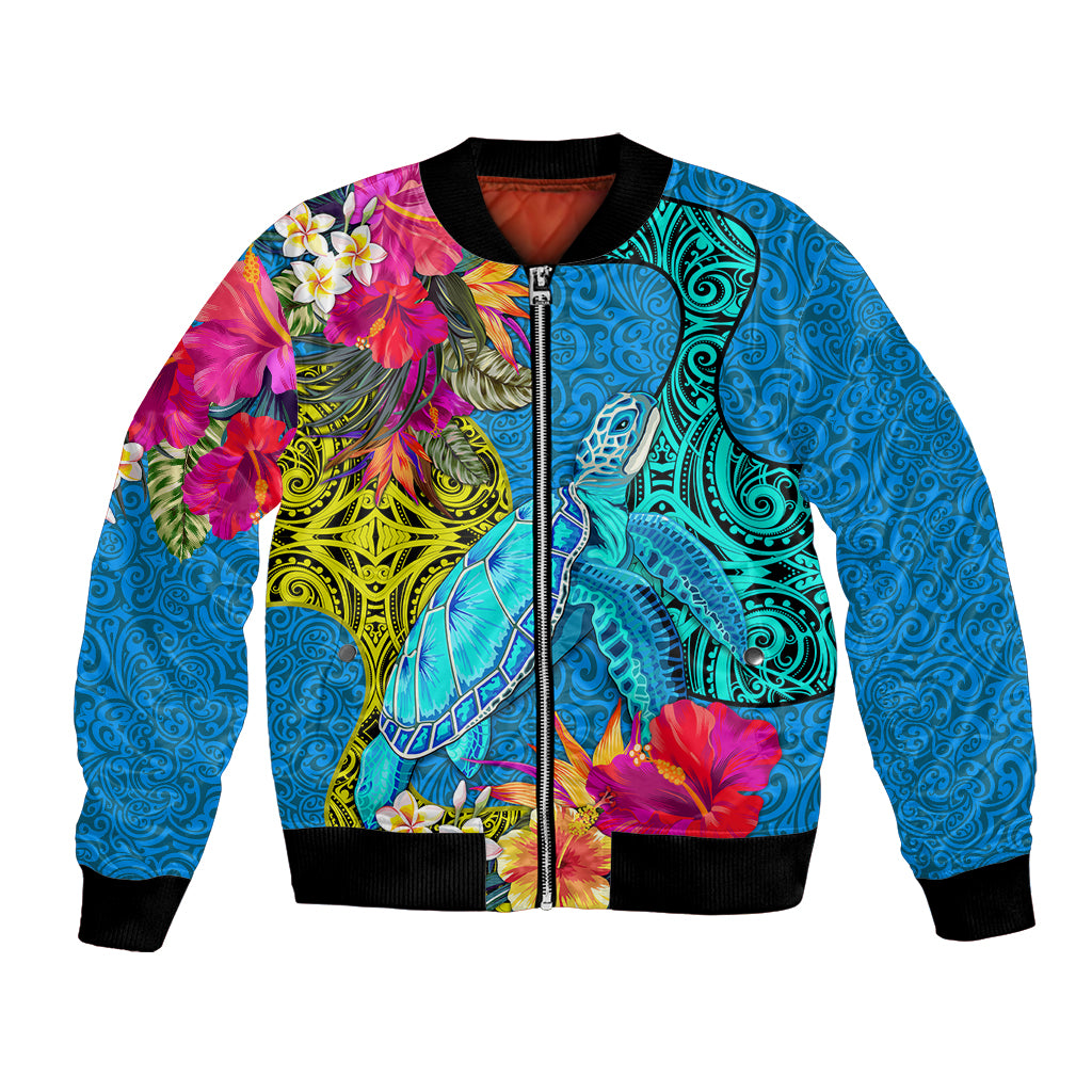 Custom Polynesian Bomber Jacket The Turtle Jung Flower with Maori Pattern Ethnic Style LT03 Unisex Blue - Polynesian Pride