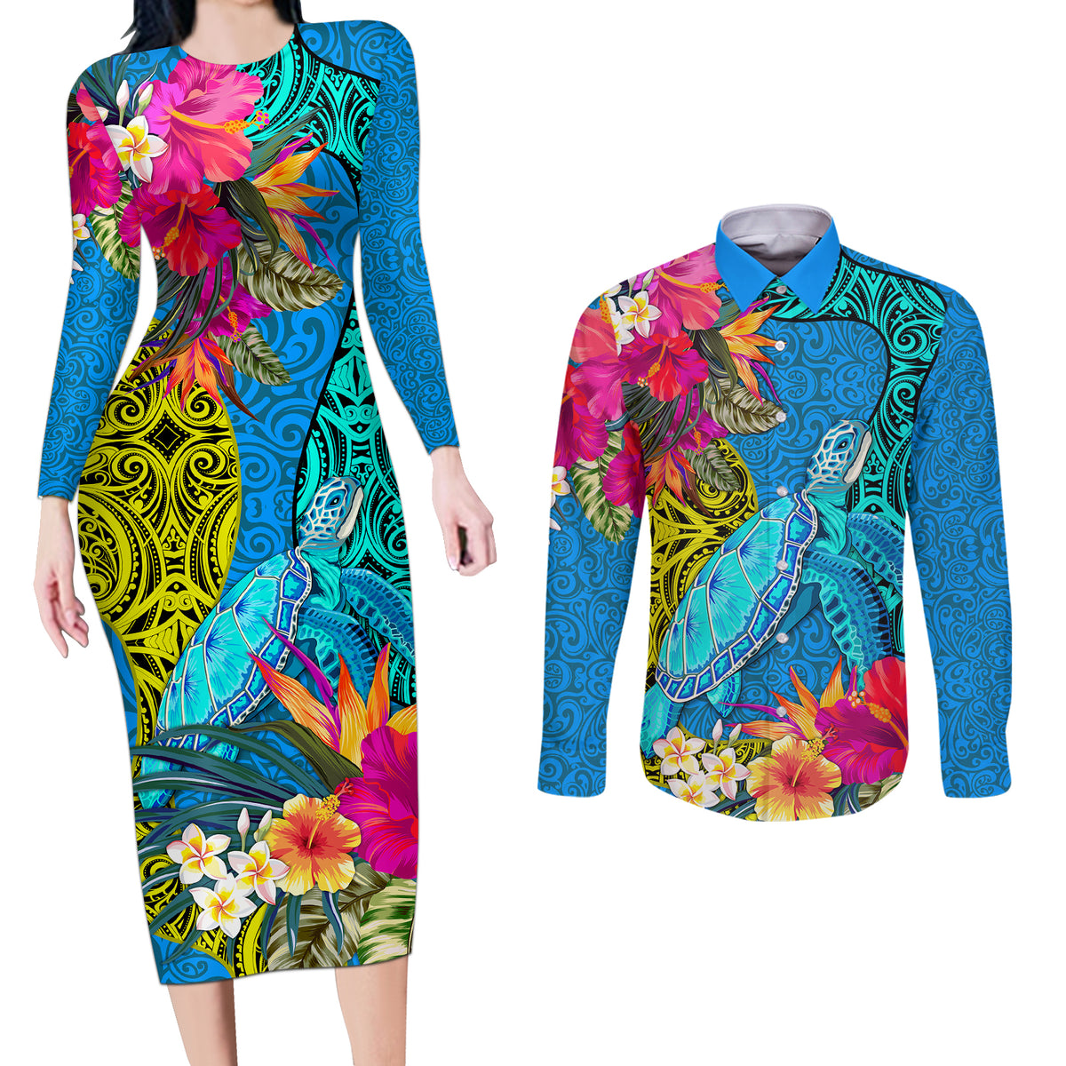 custom-polynesian-couples-matching-long-sleeve-bodycon-dress-and-long-sleeve-button-shirts-the-turtle-jung-flower-with-maori-pattern-ethnic-style