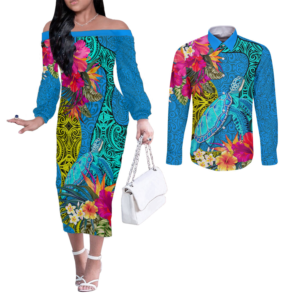 Custom Polynesian Couples Matching Off The Shoulder Long Sleeve Dress and Long Sleeve Button Shirts The Turtle Jung Flower with Maori Pattern Ethnic Style LT03 Blue - Polynesian Pride