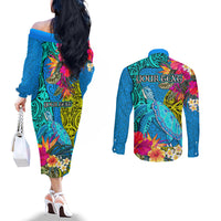 custom-polynesian-couples-matching-off-the-shoulder-long-sleeve-dress-and-long-sleeve-button-shirts-the-turtle-jung-flower-with-maori-pattern-ethnic-style