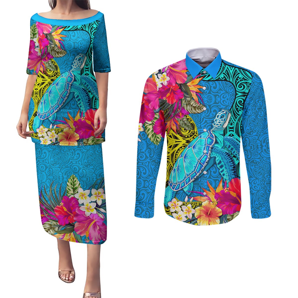 Custom Polynesian Couples Matching Puletasi Dress and Long Sleeve Button Shirts The Turtle Jung Flower with Maori Pattern Ethnic Style LT03 Blue - Polynesian Pride