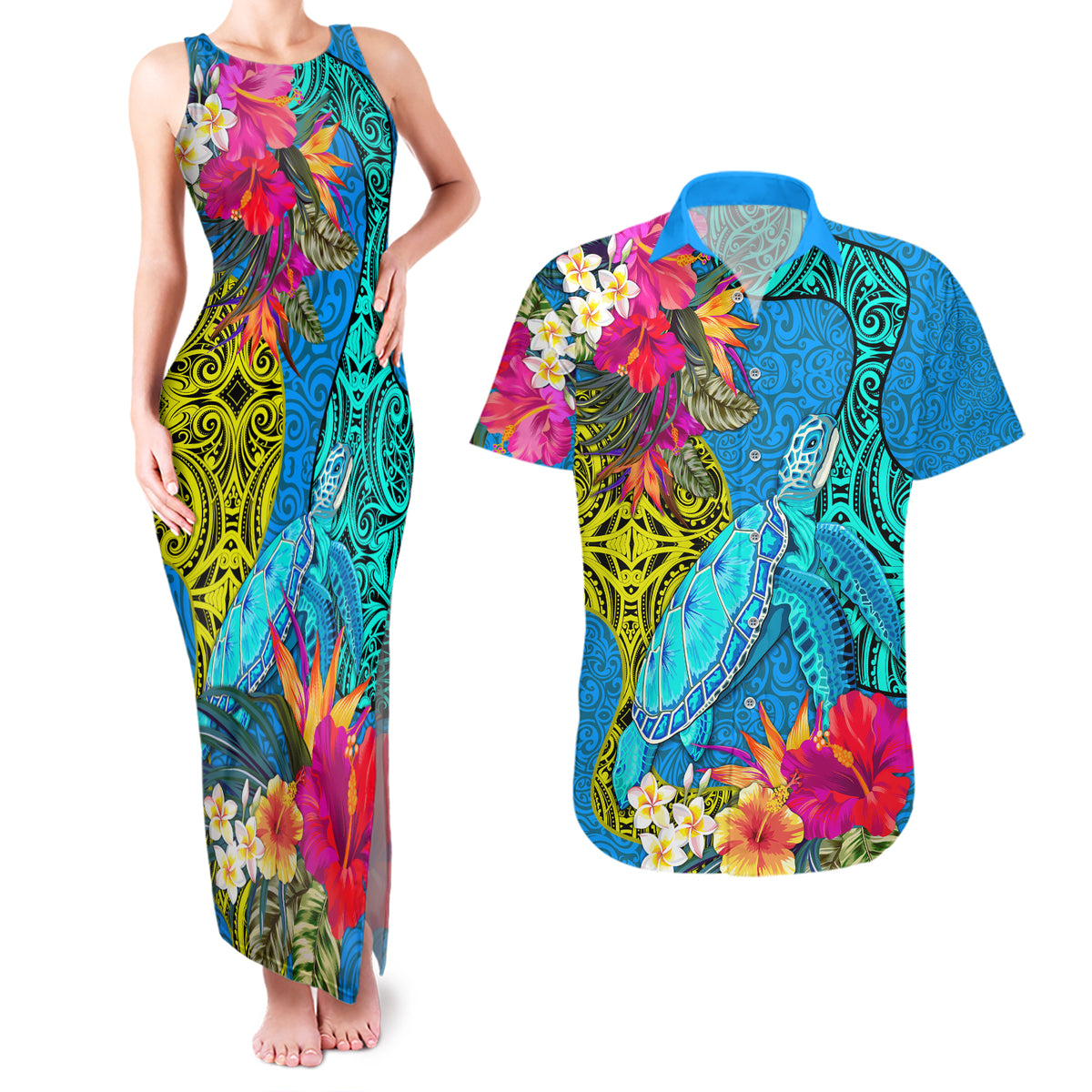 custom-polynesian-couples-matching-tank-maxi-dress-and-hawaiian-shirt-the-turtle-jung-flower-with-maori-pattern-ethnic-style