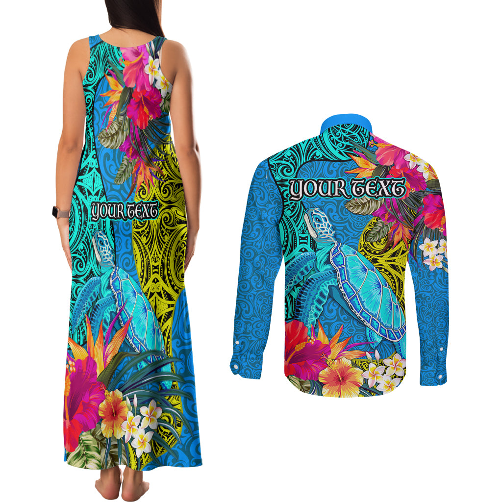 custom-polynesian-couples-matching-tank-maxi-dress-and-long-sleeve-button-shirts-the-turtle-jung-flower-with-maori-pattern-ethnic-style