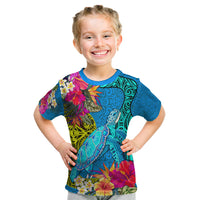 Custom Polynesian Kid T Shirt The Turtle Jung Flower with Maori Pattern Ethnic Style LT03 Blue - Polynesian Pride