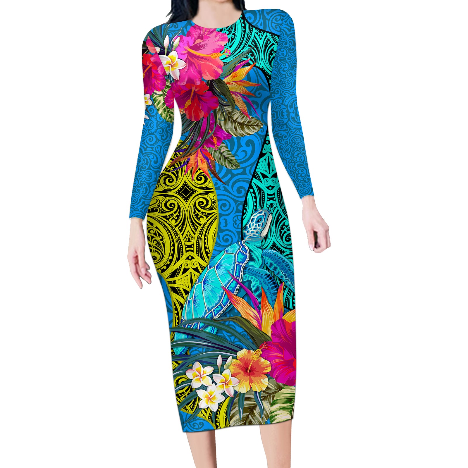 Custom Polynesian Long Sleeve Bodycon Dress The Turtle Jung Flower with Maori Pattern Ethnic Style LT03 Long Dress Blue - Polynesian Pride