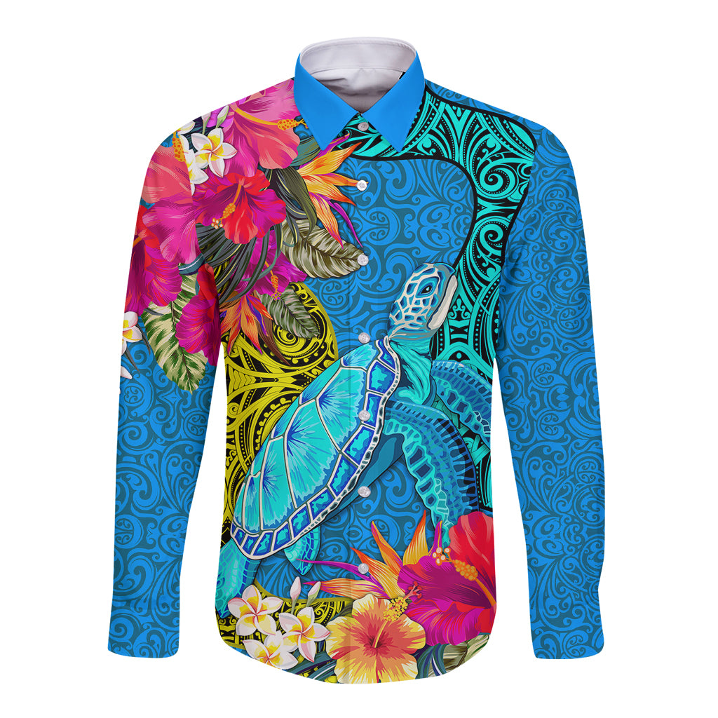 custom-polynesian-long-sleeve-button-shirt-the-turtle-jung-flower-with-maori-pattern-ethnic-style