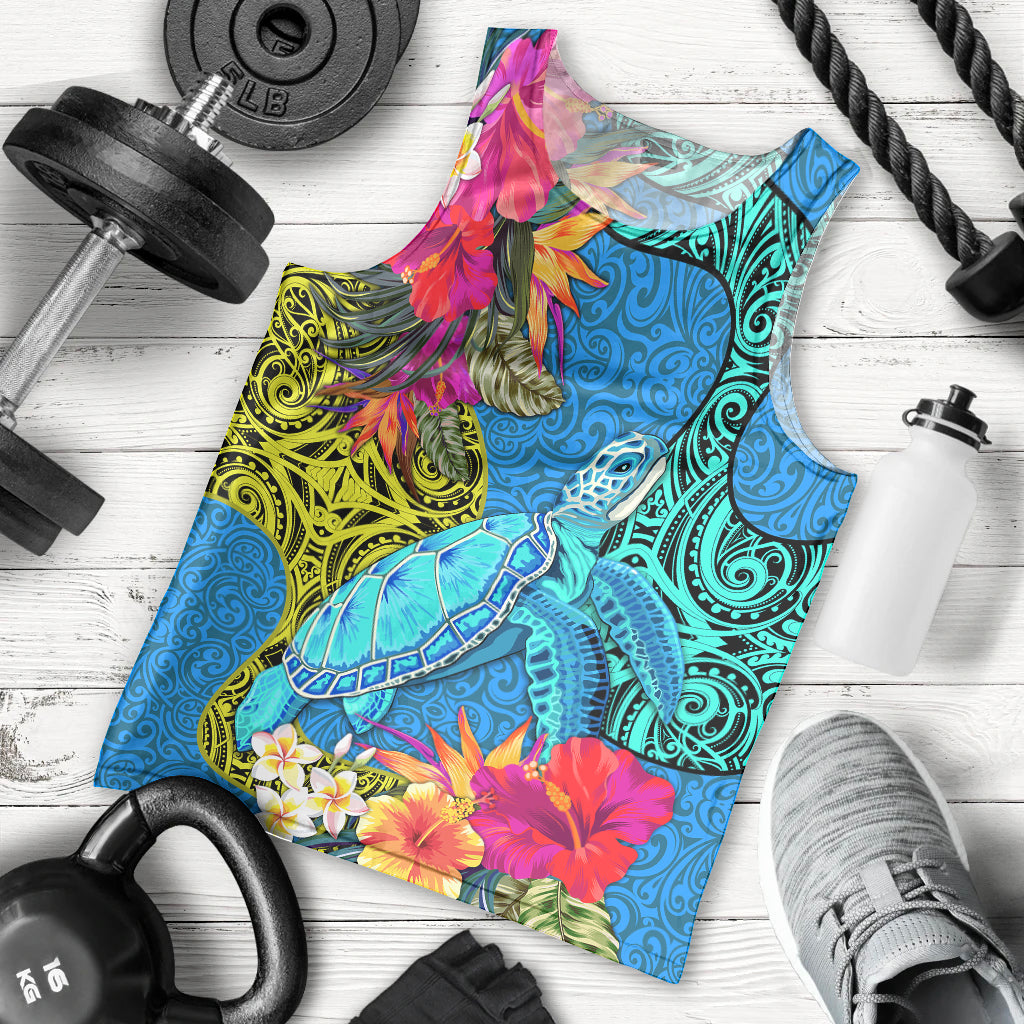 Custom Polynesian Men Tank Top The Turtle Jung Flower with Maori Pattern Ethnic Style LT03 Blue - Polynesian Pride
