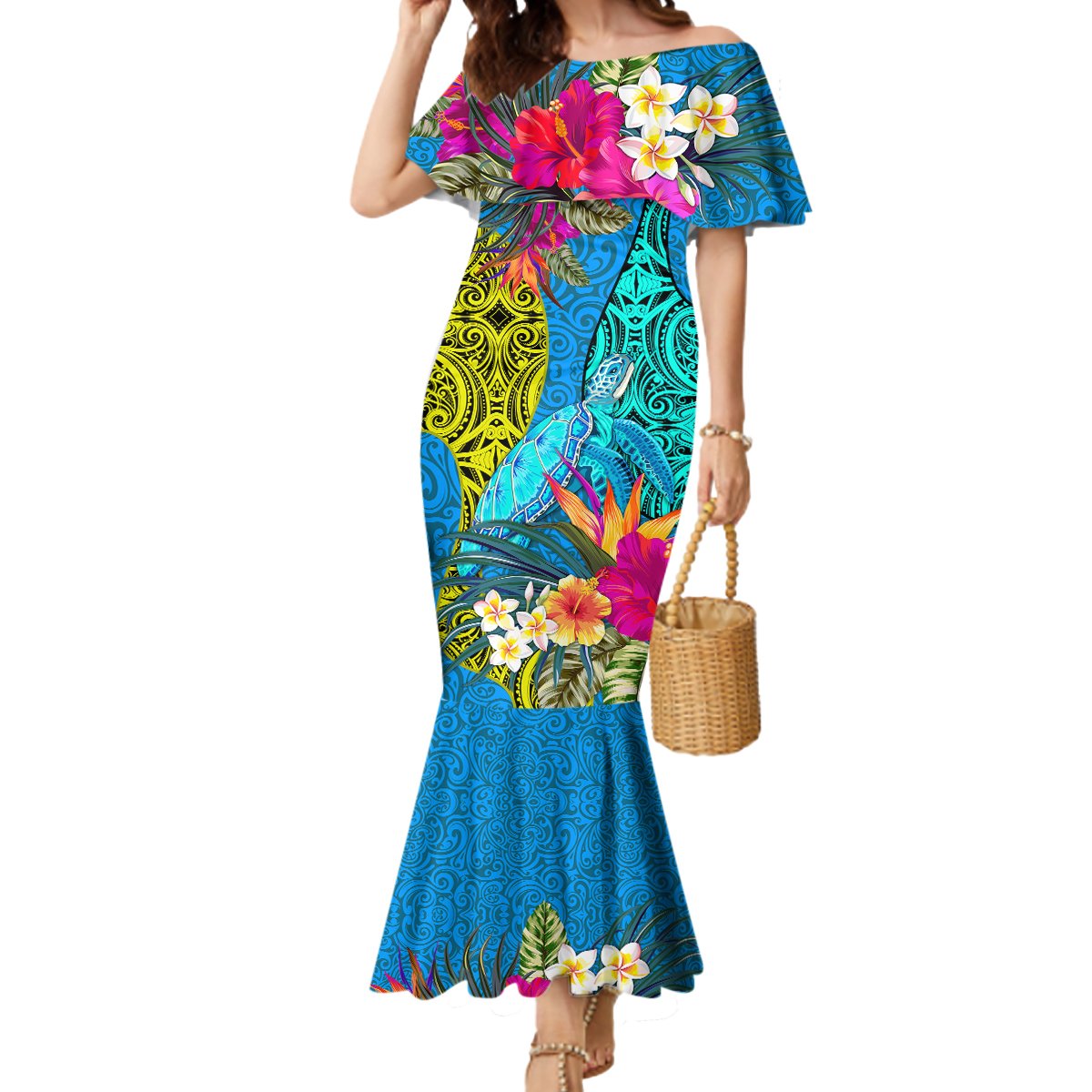 Custom Polynesian Mermaid Dress The Turtle Jung Flower with Maori Pattern Ethnic Style LT03 Women Blue - Polynesian Pride