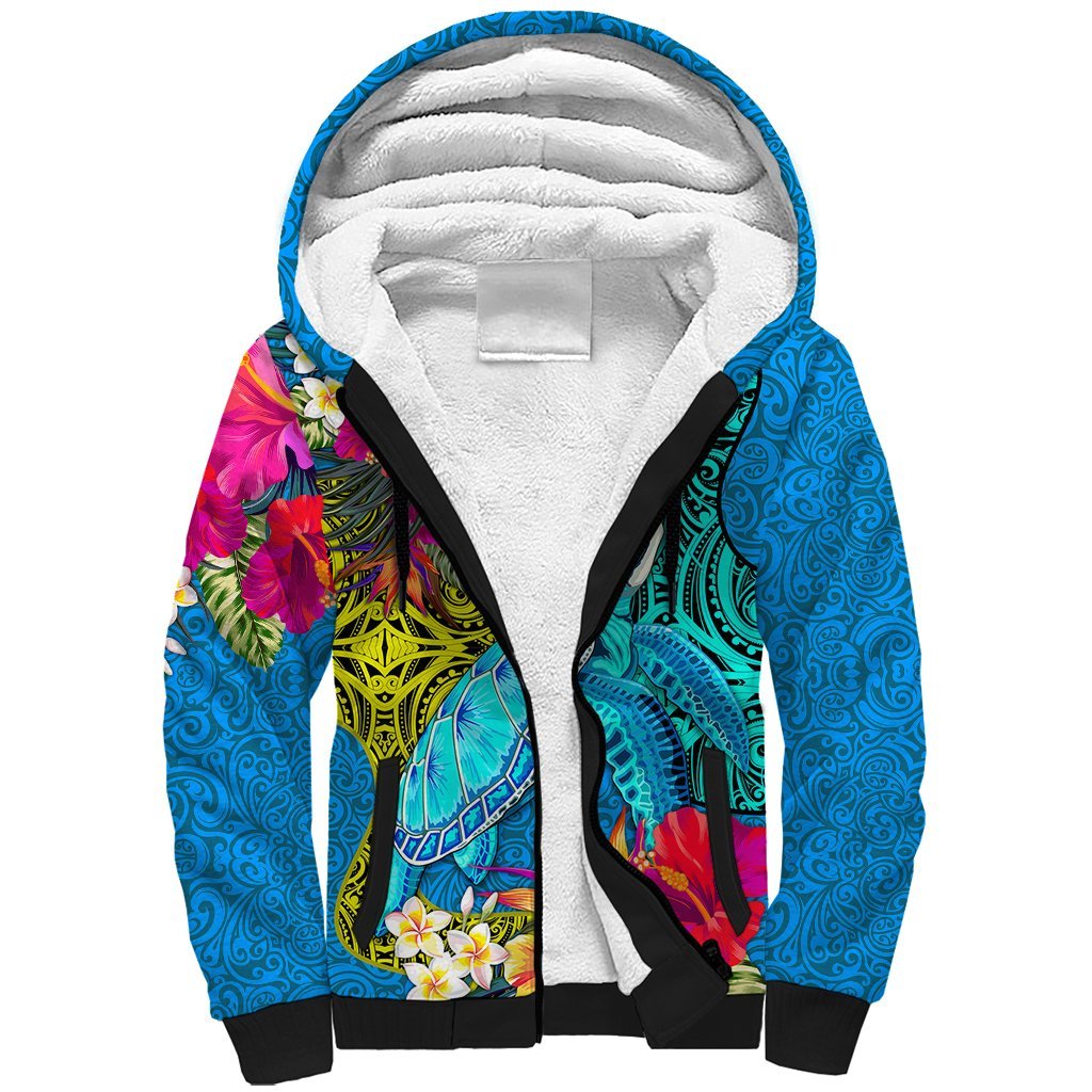 Custom Polynesian Sherpa Hoodie The Turtle Jung Flower with Maori Pattern Ethnic Style LT03 Unisex Blue - Polynesian Pride
