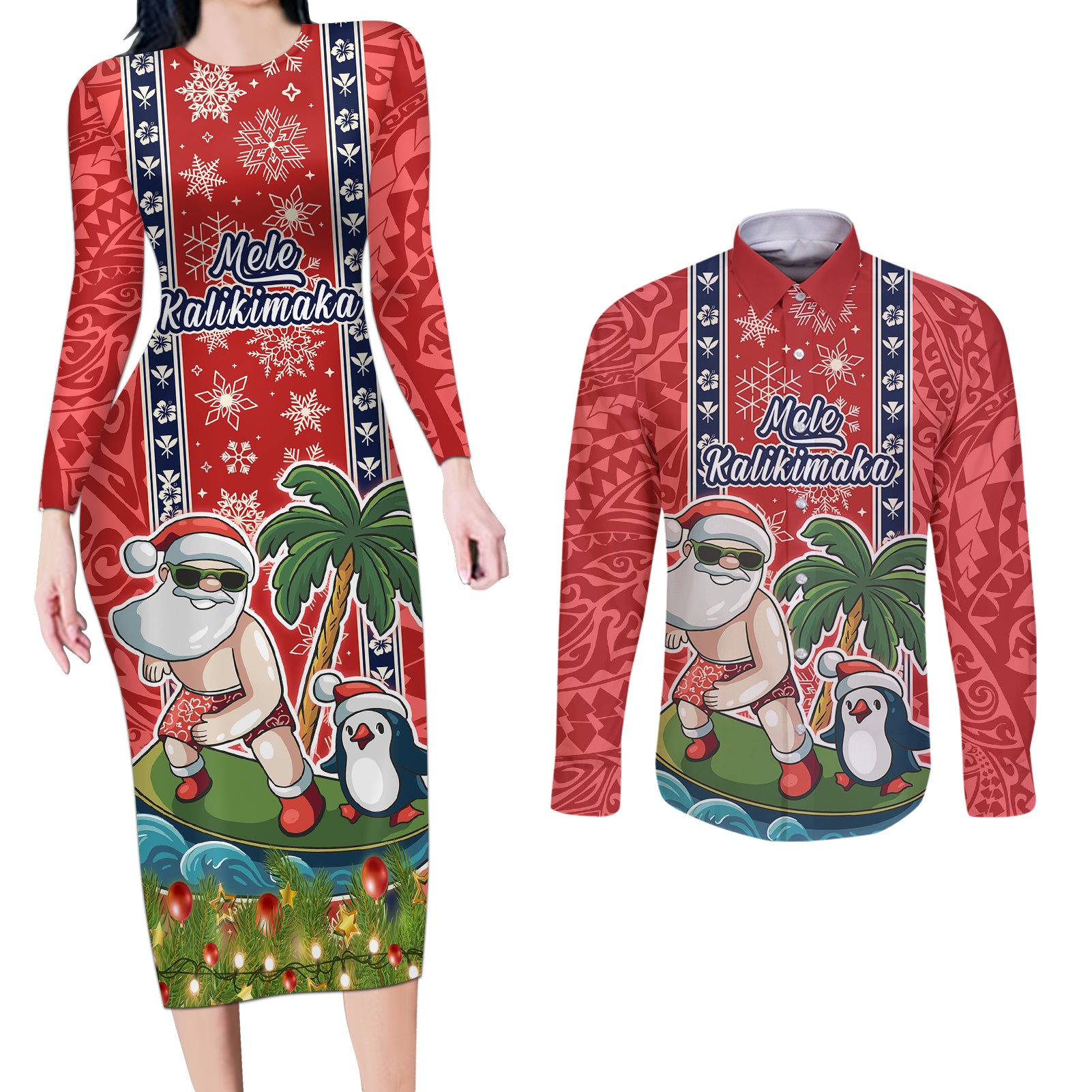 hawaii-christmas-couples-matching-long-sleeve-bodycon-dress-and-long-sleeve-button-shirts-the-santa-surfing-hawaii-xmas-style