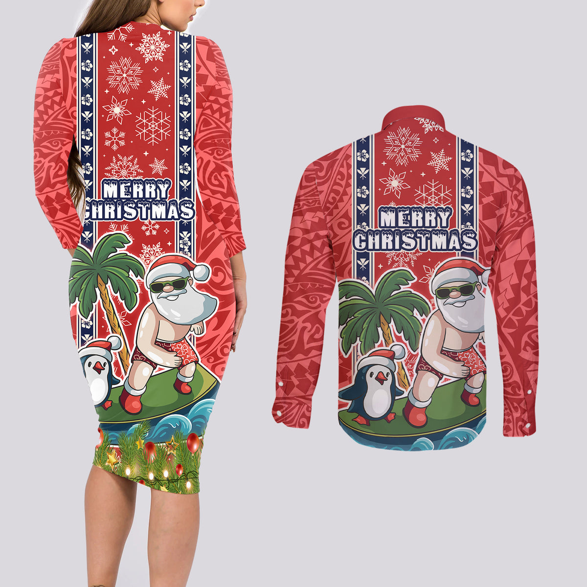 hawaii-christmas-couples-matching-long-sleeve-bodycon-dress-and-long-sleeve-button-shirts-the-santa-surfing-hawaii-xmas-style