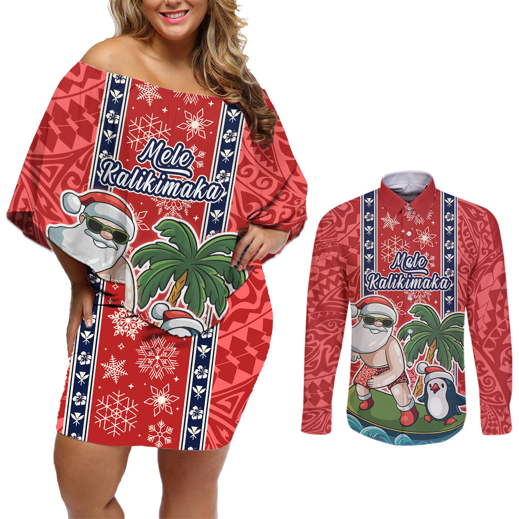 hawaii-christmas-couples-matching-off-shoulder-short-dress-and-long-sleeve-button-shirts-the-santa-surfing-hawaii-xmas-style