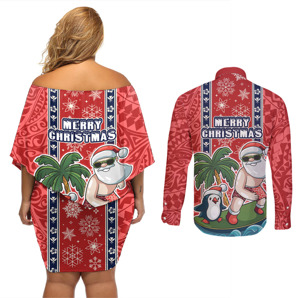 hawaii-christmas-couples-matching-off-shoulder-short-dress-and-long-sleeve-button-shirts-the-santa-surfing-hawaii-xmas-style