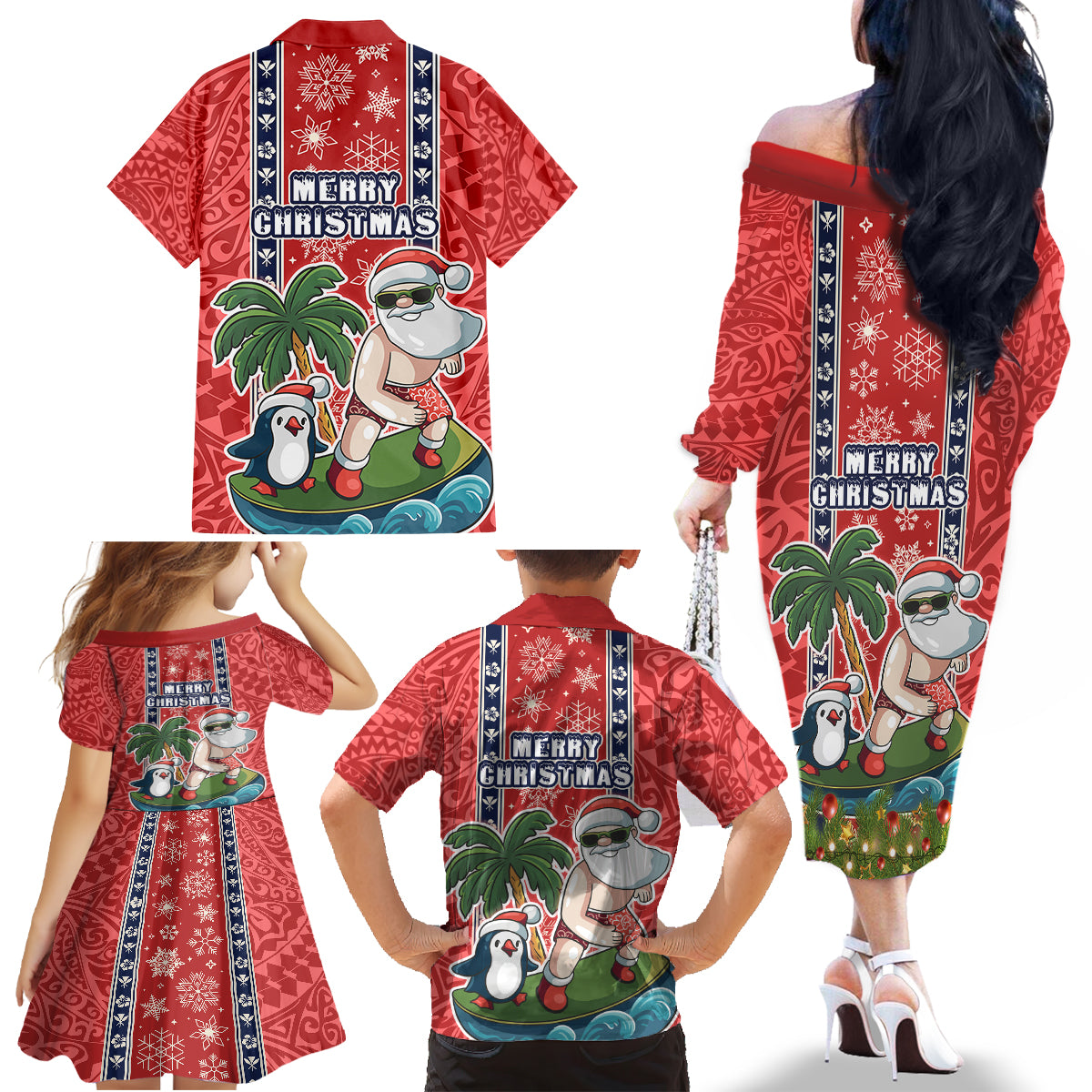 hawaii-christmas-family-matching-off-shoulder-long-sleeve-dress-and-hawaiian-shirt-the-santa-surfing-hawaii-xmas-style
