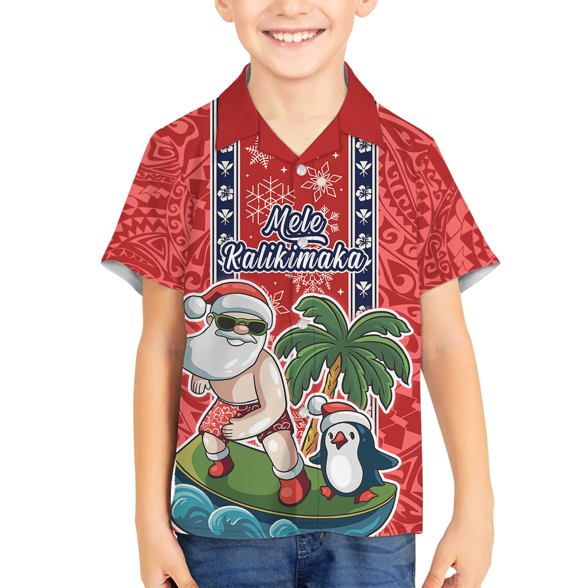 hawaii-christmas-family-matching-off-shoulder-long-sleeve-dress-and-hawaiian-shirt-the-santa-surfing-hawaii-xmas-style