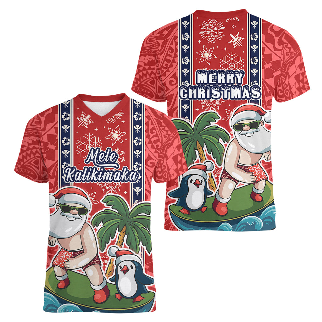 hawaii-christmas-women-v-neck-t-shirt-the-santa-surfing-hawaii-xmas-style