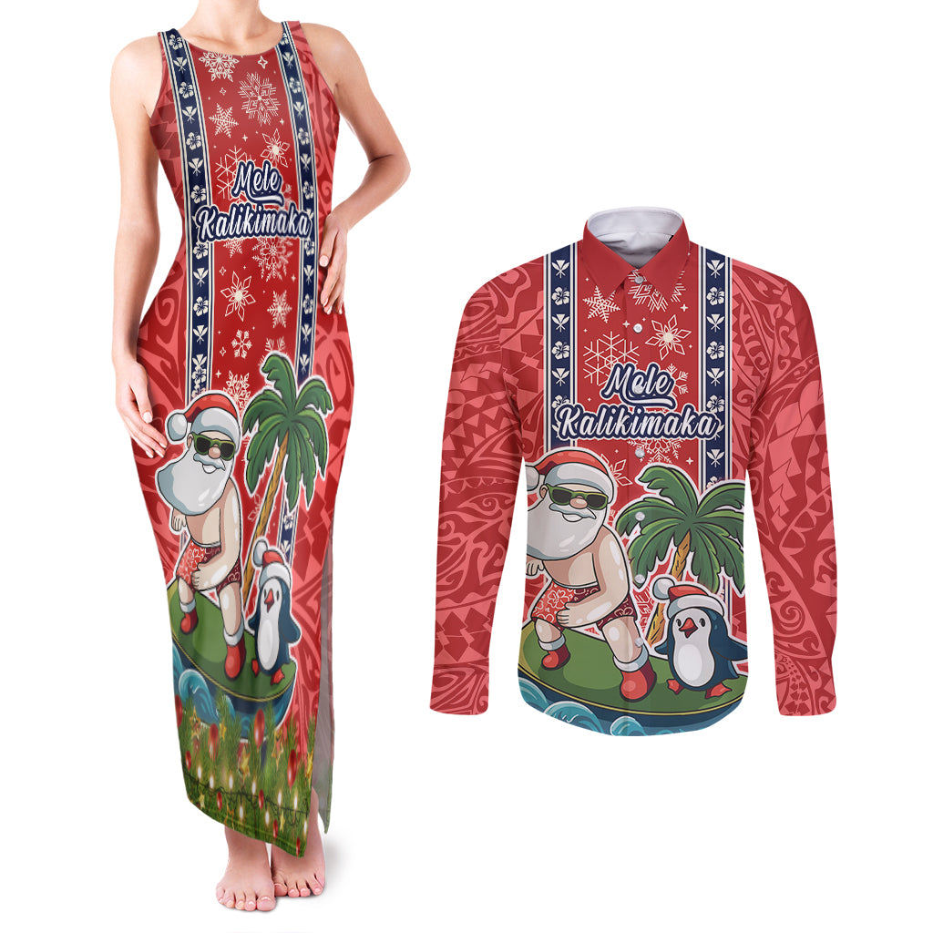custom-hawaii-christmas-couples-matching-tank-maxi-dress-and-long-sleeve-button-shirts-the-santa-surfing-hawaii-xmas-style