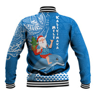 Hawaii Mele Kalikimaka Baseball Jacket Santa Riding The DolPhin Mix Kakau Pattern Blue Style LT03 - Polynesian Pride