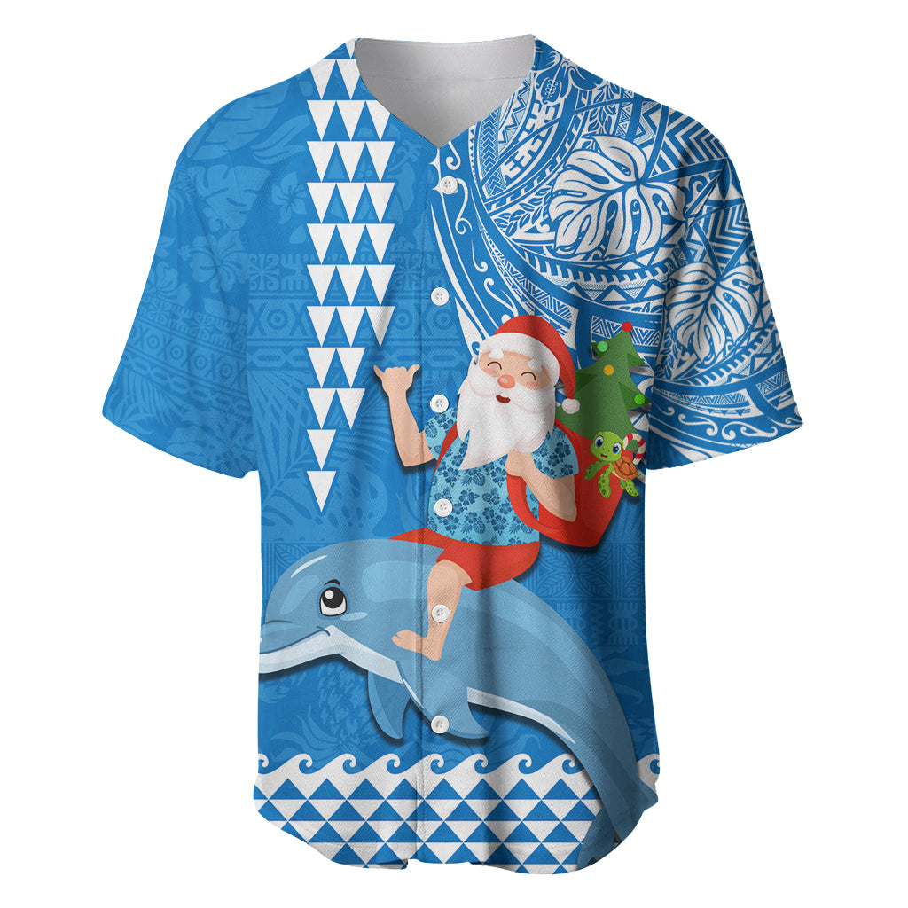 Hawaii Mele Kalikimaka Baseball Jersey Santa Riding The DolPhin Mix Kakau Pattern Blue Style LT03 Blue - Polynesian Pride