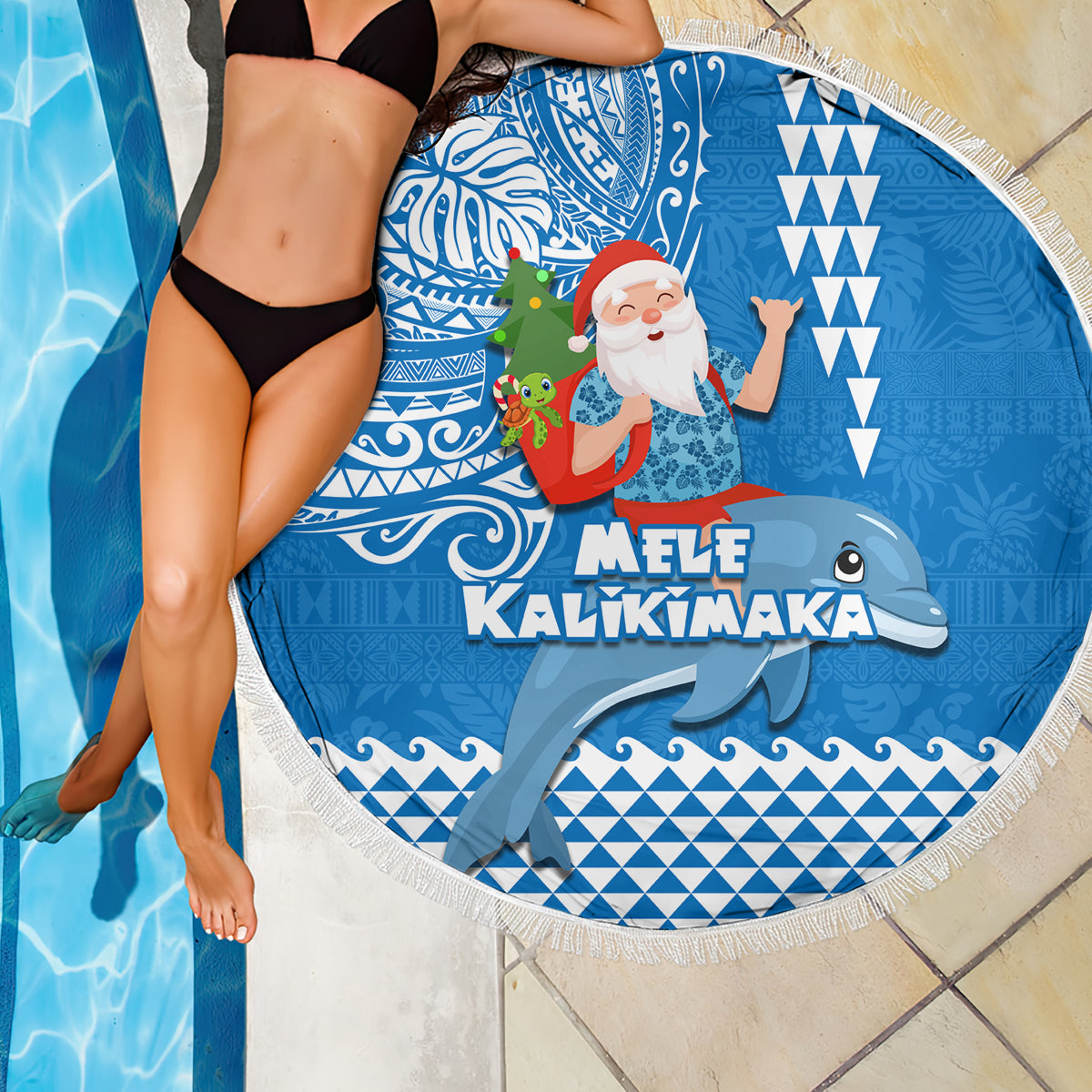 Hawaii Mele Kalikimaka Beach Blanket Santa Riding The DolPhin Mix Kakau Pattern Blue Style LT03 - Polynesian Pride