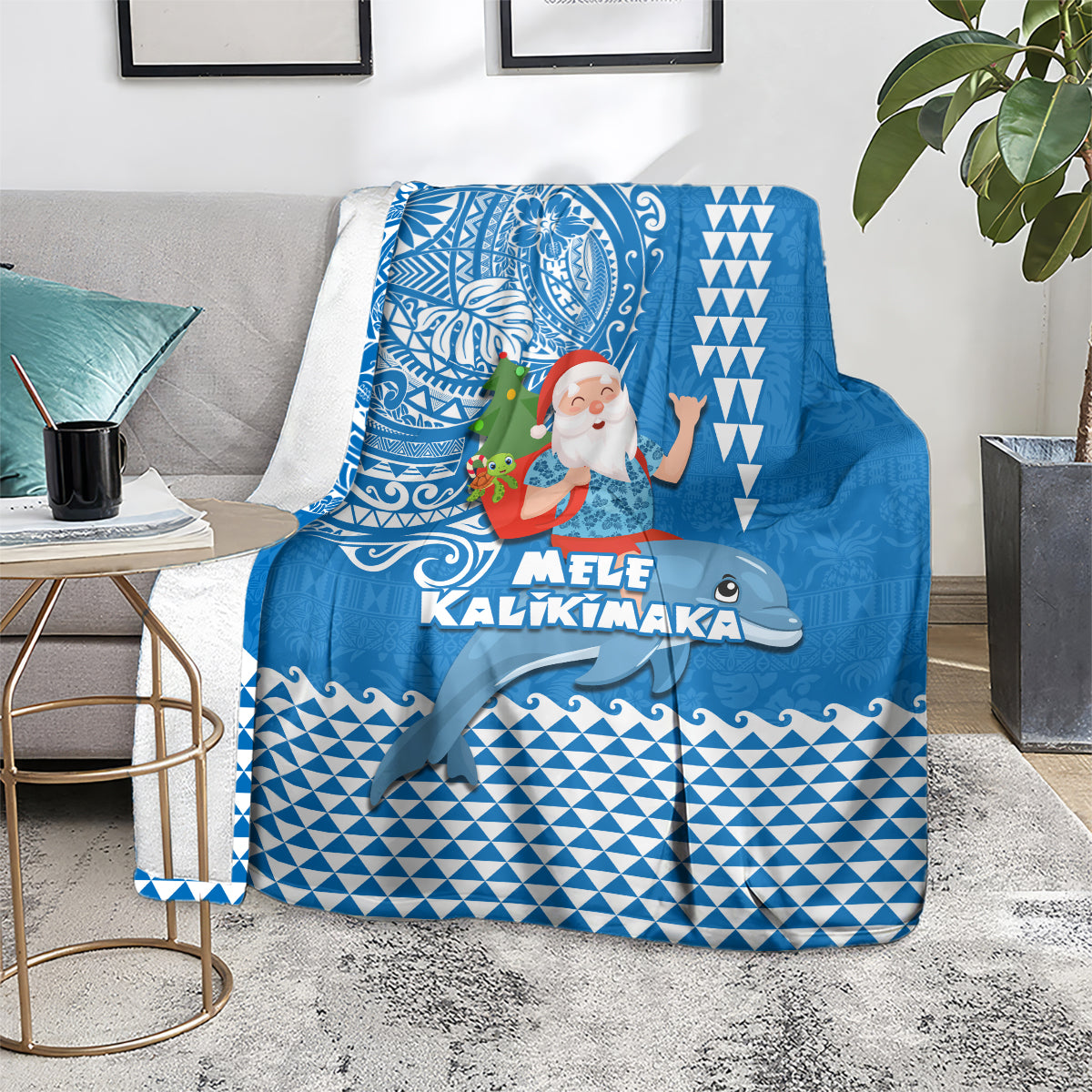 Hawaii Mele Kalikimaka Blanket Santa Riding The DolPhin Mix Kakau Pattern Blue Style LT03 - Polynesian Pride