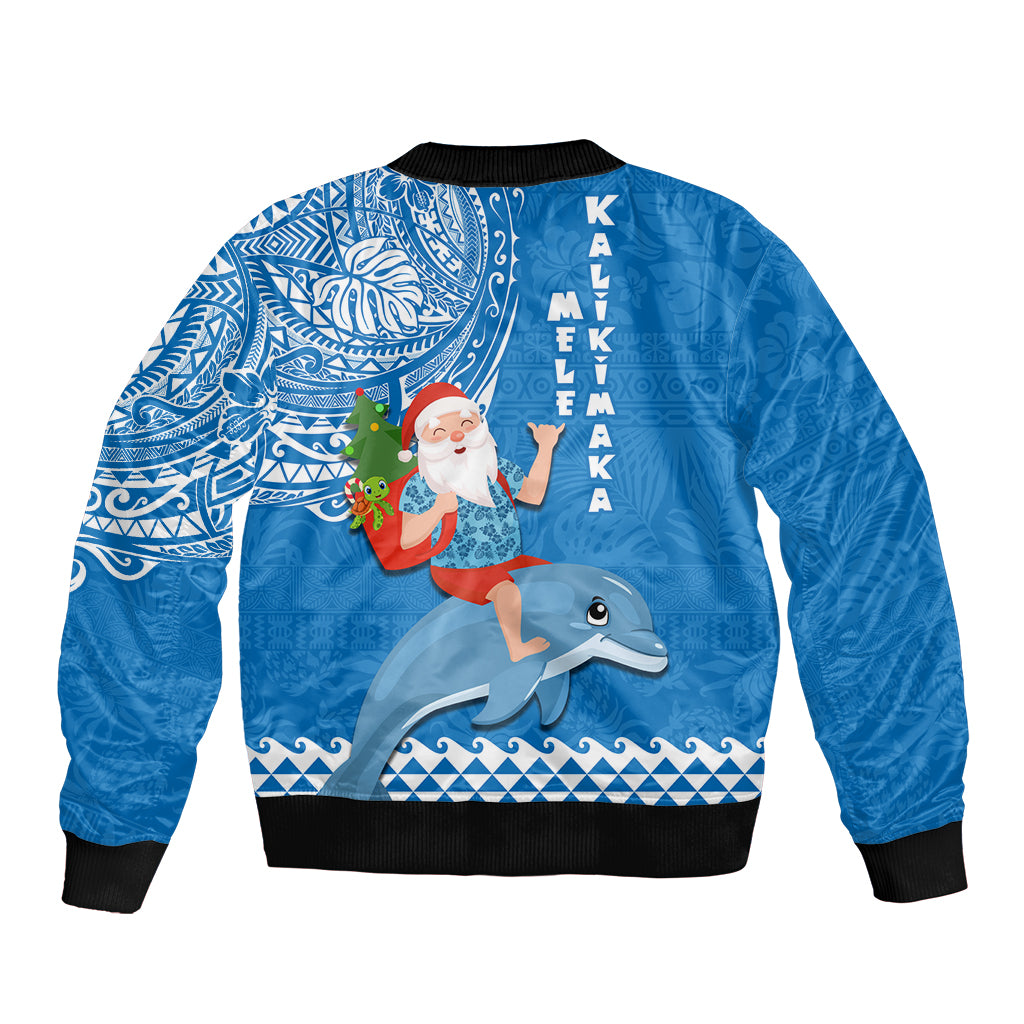 Hawaii Mele Kalikimaka Bomber Jacket Santa Riding The DolPhin Mix Kakau Pattern Blue Style LT03 - Polynesian Pride