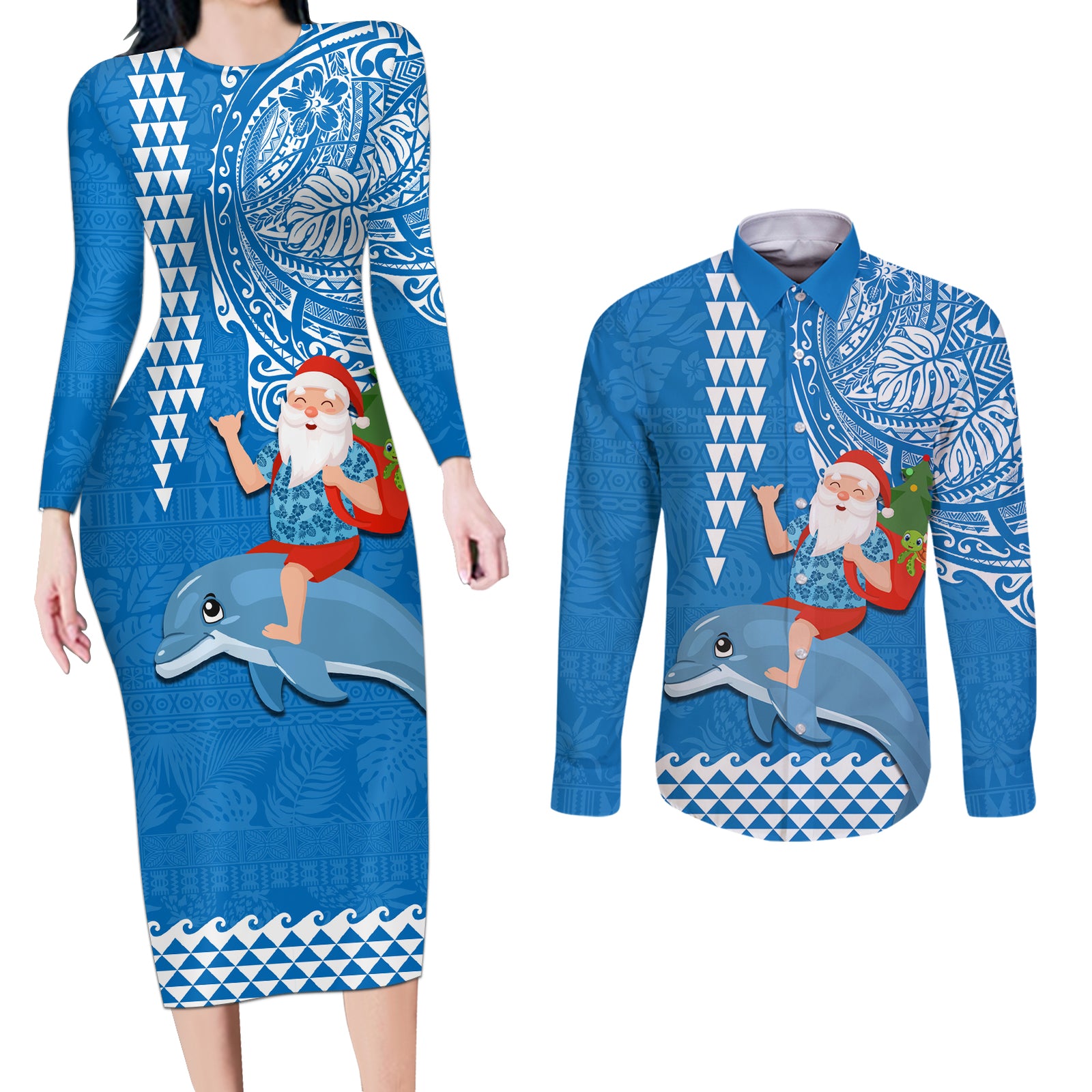 Hawaii Mele Kalikimaka Couples Matching Long Sleeve Bodycon Dress and Long Sleeve Button Shirt Santa Riding The DolPhin Mix Kakau Pattern Blue Style LT03 Blue - Polynesian Pride