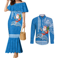 Hawaii Mele Kalikimaka Couples Matching Mermaid Dress and Long Sleeve Button Shirt Santa Riding The DolPhin Mix Kakau Pattern Blue Style LT03 Blue - Polynesian Pride