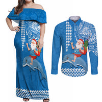 Hawaii Mele Kalikimaka Couples Matching Off Shoulder Maxi Dress and Long Sleeve Button Shirt Santa Riding The DolPhin Mix Kakau Pattern Blue Style LT03 Blue - Polynesian Pride