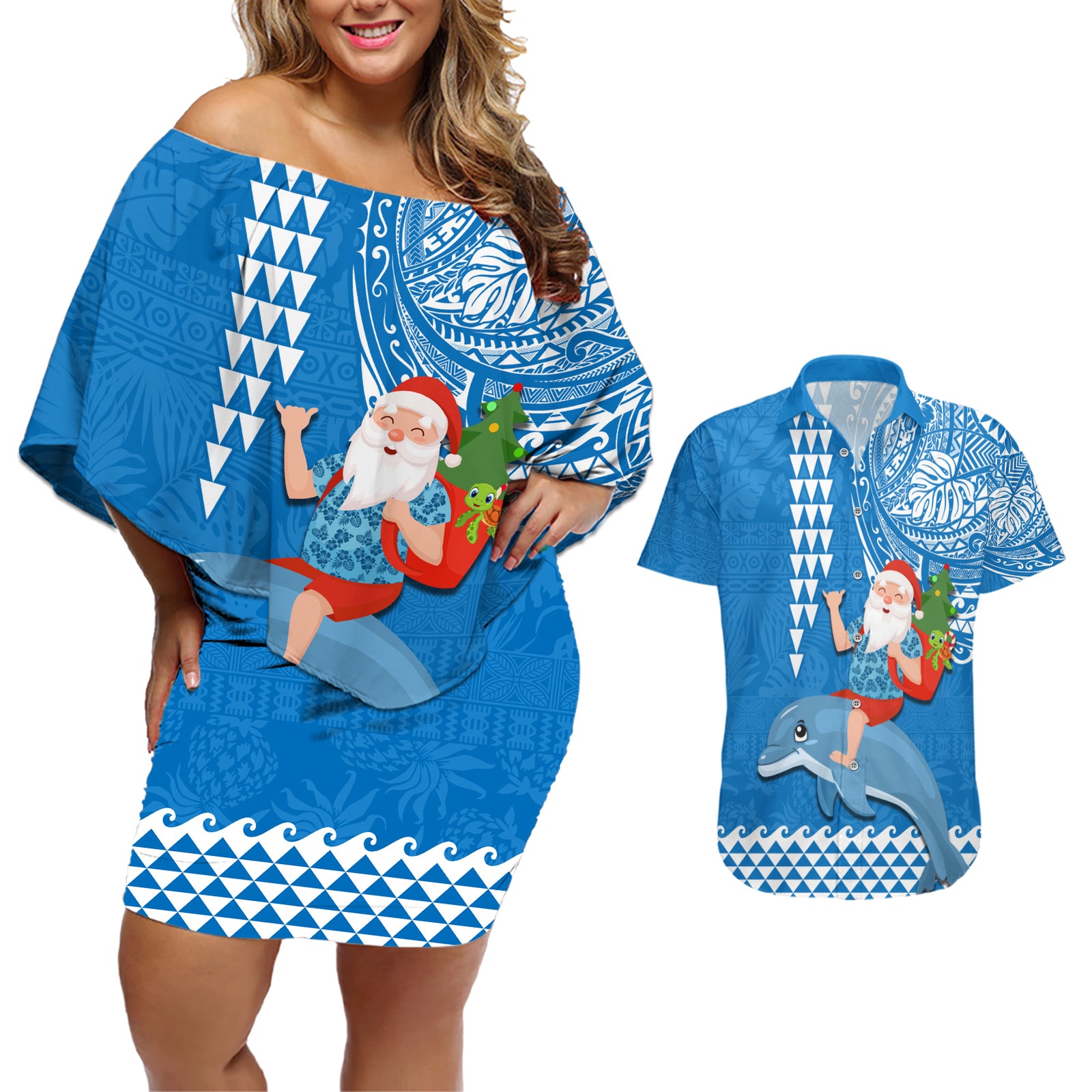 Hawaii Mele Kalikimaka Couples Matching Off Shoulder Short Dress and Hawaiian Shirt Santa Riding The DolPhin Mix Kakau Pattern Blue Style LT03 Blue - Polynesian Pride
