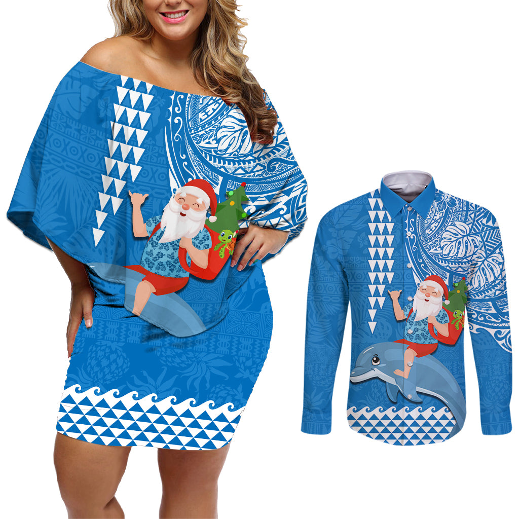 Hawaii Mele Kalikimaka Couples Matching Off Shoulder Short Dress and Long Sleeve Button Shirt Santa Riding The DolPhin Mix Kakau Pattern Blue Style LT03 Blue - Polynesian Pride