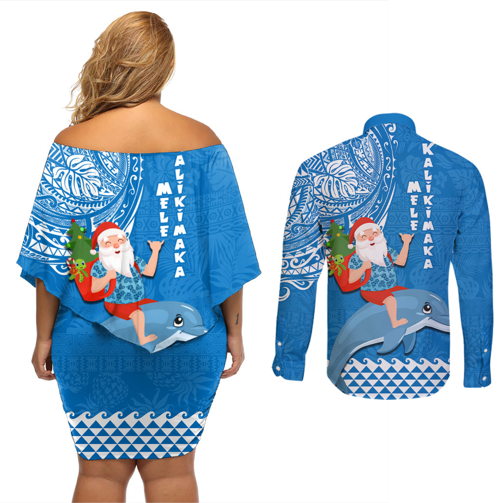 Hawaii Mele Kalikimaka Couples Matching Off Shoulder Short Dress and Long Sleeve Button Shirt Santa Riding The DolPhin Mix Kakau Pattern Blue Style LT03 - Polynesian Pride
