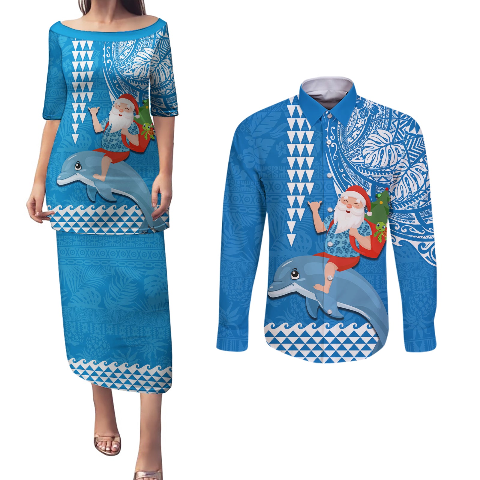 Hawaii Mele Kalikimaka Couples Matching Puletasi Dress and Long Sleeve Button Shirt Santa Riding The DolPhin Mix Kakau Pattern Blue Style LT03 Blue - Polynesian Pride