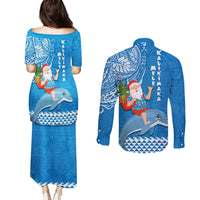 Hawaii Mele Kalikimaka Couples Matching Puletasi Dress and Long Sleeve Button Shirt Santa Riding The DolPhin Mix Kakau Pattern Blue Style LT03 - Polynesian Pride